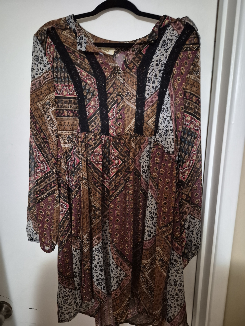 Sheer Boho Patchwork Print Long Sleeve Dress - Brown Multi